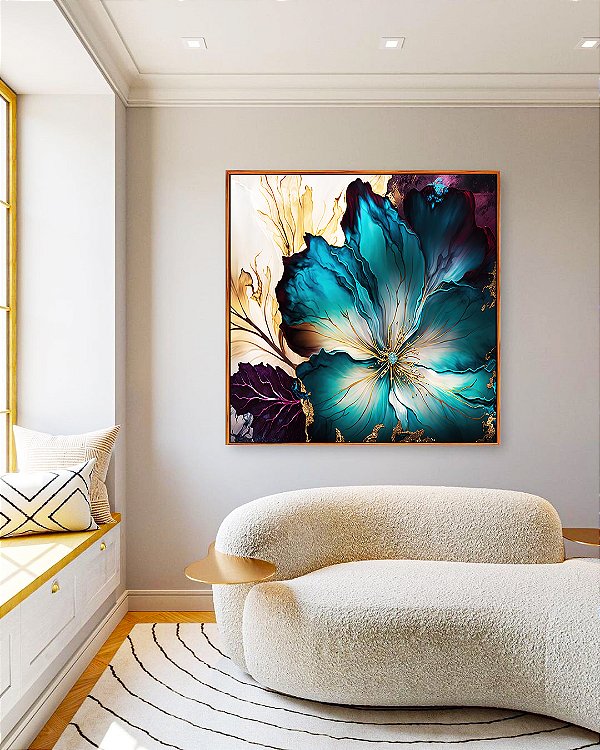 Quadro Quadrado Flor Artística Azul Turquesa Dourado Roxo Canvas Moldura