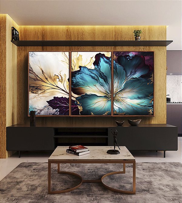 Trio de Quadros Flor Artística Azul Turquesa Dourado Roxo Canvas Moldura