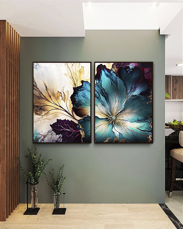Duo de Quadros Flor Artística Azul Turquesa Dourado Roxo Canvas Moldura