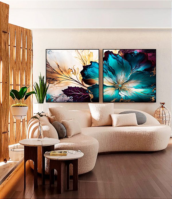 Duo de Quadros Quadrados Flor Artística Azul Turquesa Dourado Roxo Canvas Moldura