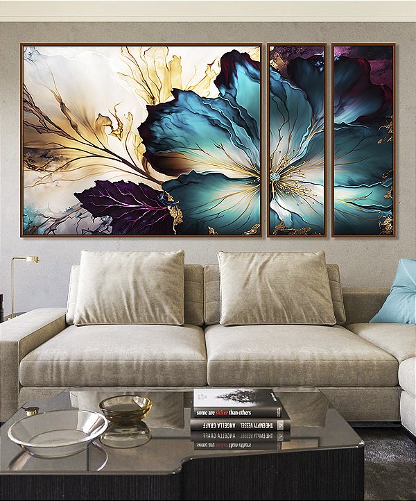Trio de Quadros Estilizados Flor Artística Azul Turquesa Dourado Roxo Canvas Moldura