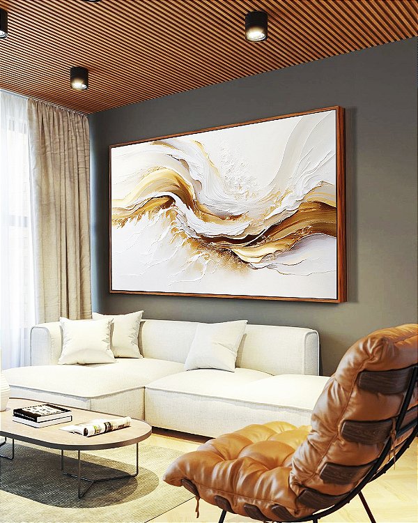 Quadro Horizontal Abstrato Branco Dourado Arte Fluida Canvas Moldura