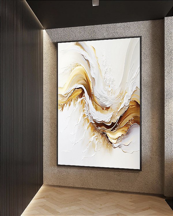 Quadro Vertical Abstrato Branco Dourado Arte Fluida Canvas Moldura