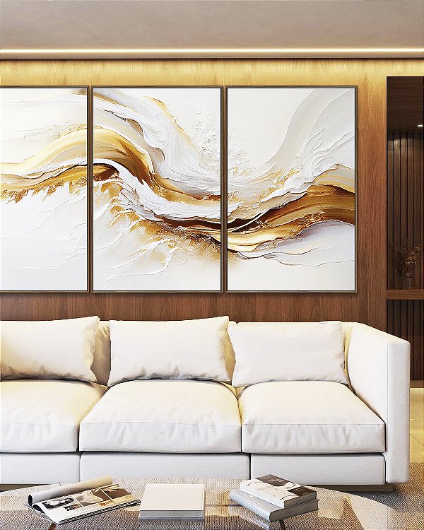 Trio de Quadros Abstrato Branco Dourado Arte Fluida Canvas Moldura