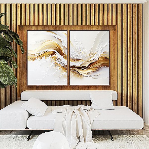 Duo de Quadros Abstrato Branco Dourado Arte Fluida Canvas Moldura