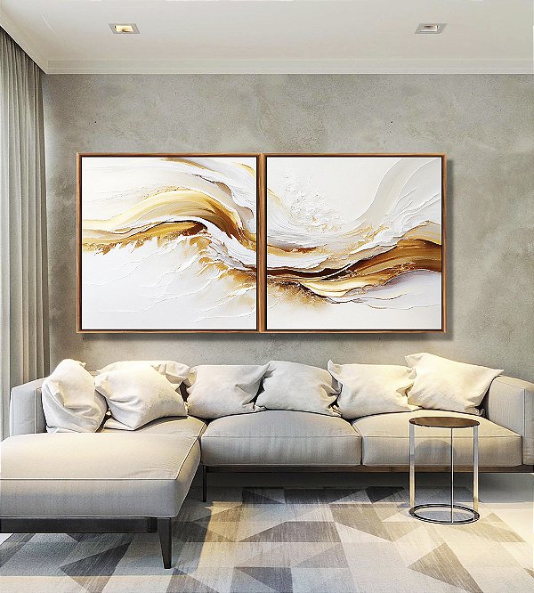 Duo de Quadros Quadrados Abstrato Branco Dourado Arte Fluida Canvas Moldura