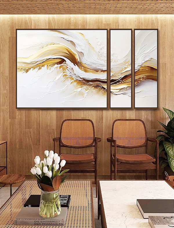 Trio de Quadros Estilizados Abstrato Branco Dourado Arte Fluida Canvas Moldura