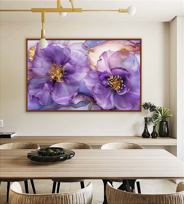 Quadro Horizontal Flores Rosa Roxo Dourado Arte Fluída Canvas Moldura