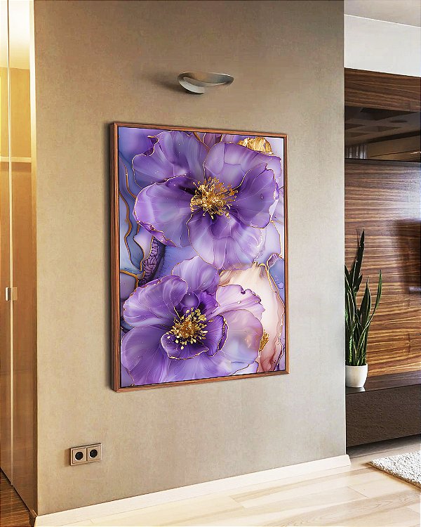 Quadro Vertical Flores Rosa Roxo Dourado Arte Fluída Canvas Moldura