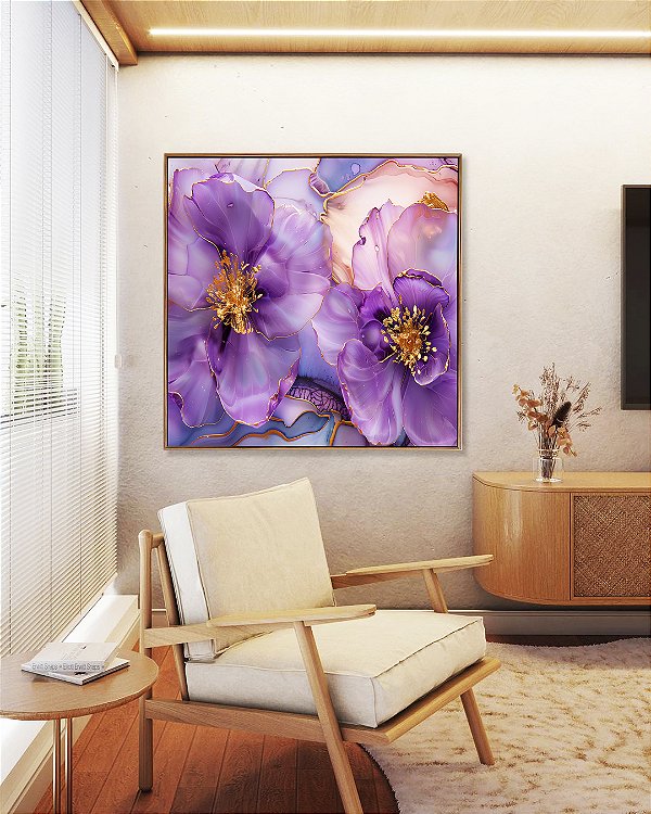 Quadro Quadrado Flores Rosa Roxo Dourado Arte Fluída Canvas Moldura