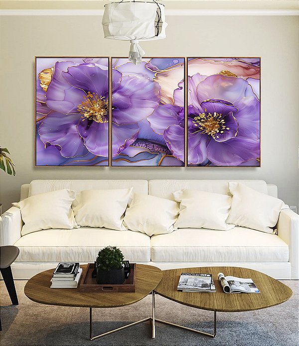 Trio de Quadros Flores Rosa Roxo Dourado Arte Fluída Canvas Moldura