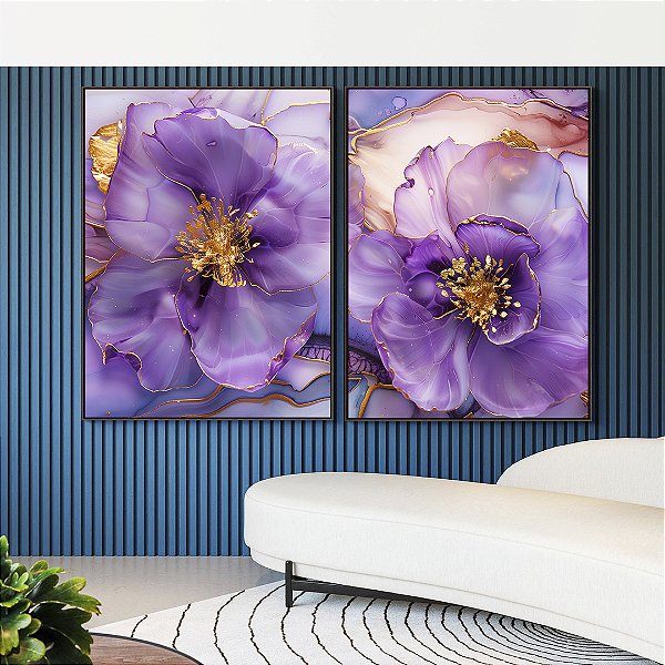 Duo de Quadros Flores Rosa Roxo Dourado Arte Fluída Canvas Moldura