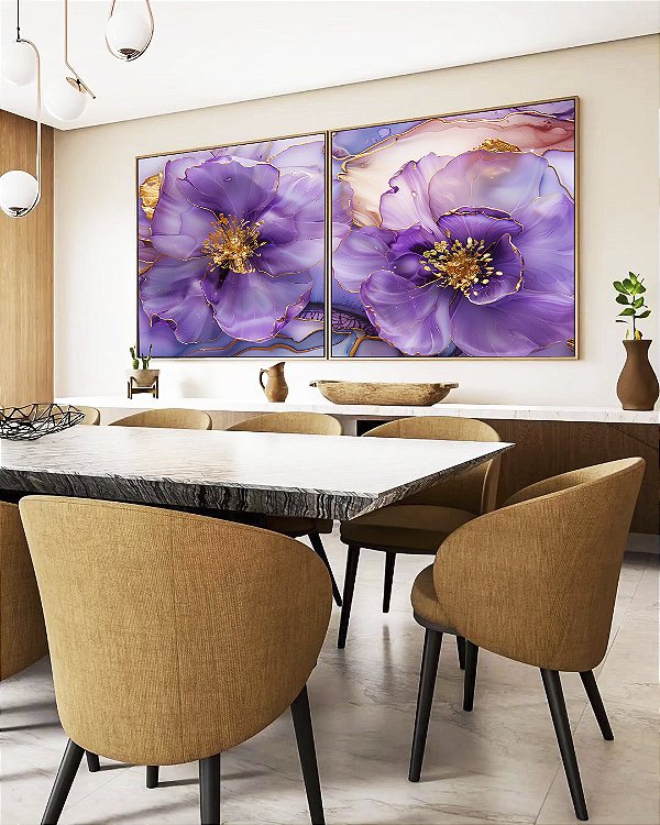 Duo de Quadros Quadrados Flores Rosa Roxo Dourado Arte Fluída Canvas Moldura