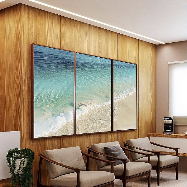 Trio de Quadros Mar Azul Turquesa Paradisíaco Praia Branca Natureza Canvas Moldura