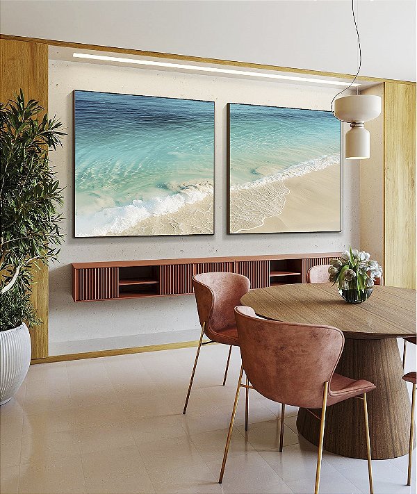 Duo de Quadros Quadrados Mar Azul Turquesa Paradisíaco Praia Branca Natureza Canvas Moldura