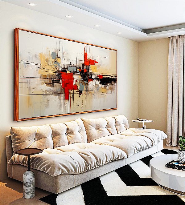Quadro Horizontal Abstrato Cinza Vermelho Preto Canvas Moldura