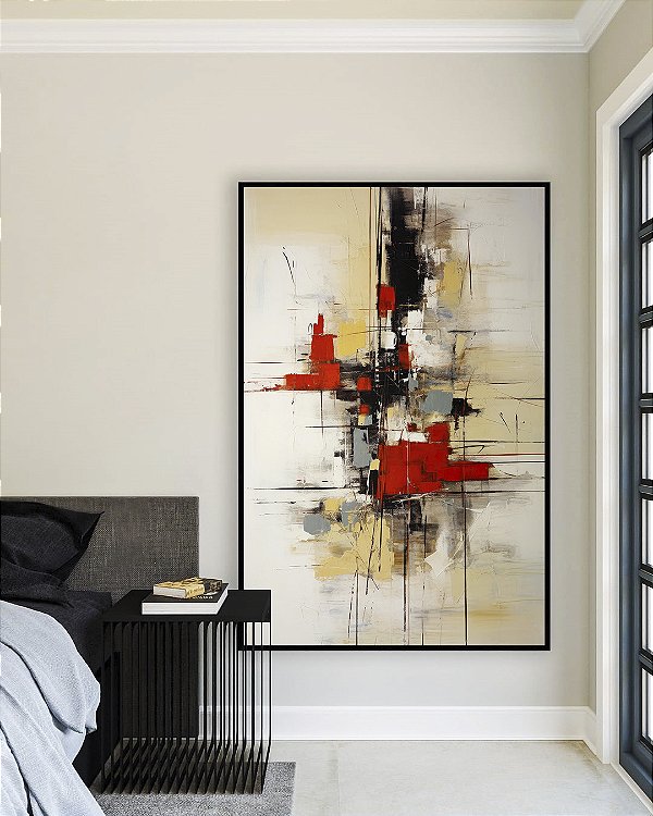 Quadro Vertical Abstrato Cinza Vermelho Preto Canvas Moldura