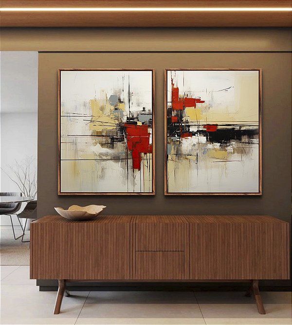 Duo de Quadros Abstrato Cinza Vermelho Preto Canvas Moldura