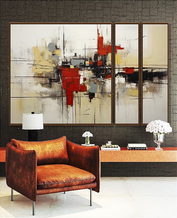 Trio de Quadros Estilizados Abstrato Cinza Vermelho Preto Canvas Moldura