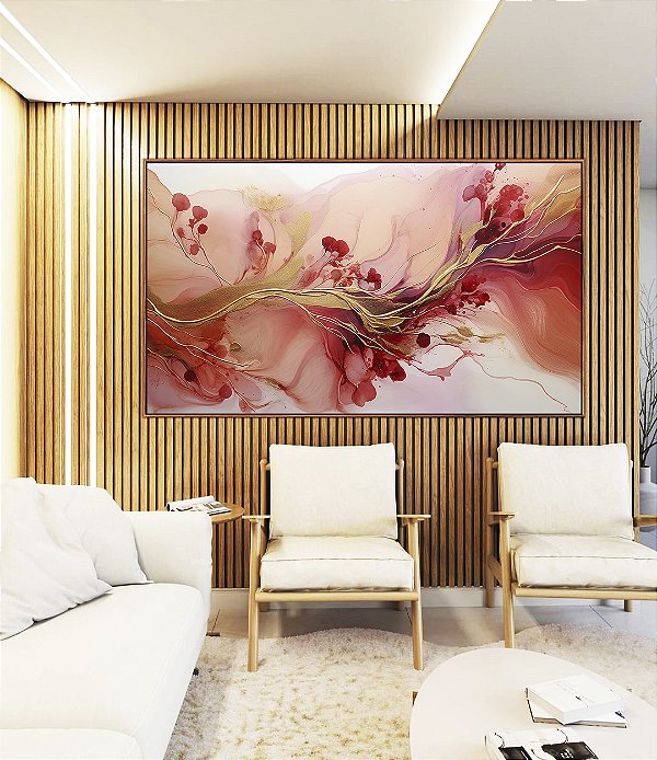 Quadro Horizontal Flores Abstratas Delicadas Rosa Vermelho Dourado Canvas Moldura