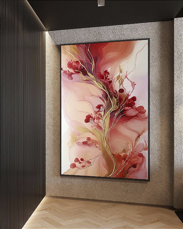 Quadro Vertical Flores Abstratas Delicadas Rosa Vermelho Dourado Canvas Moldura