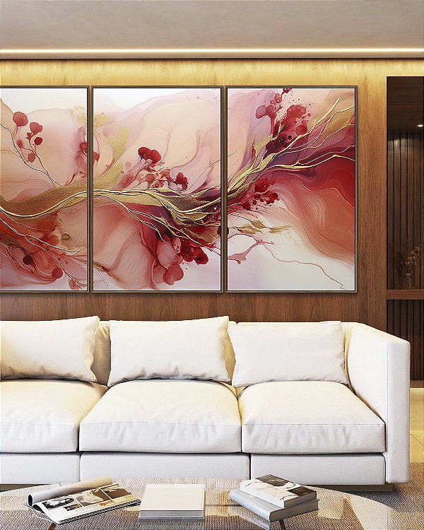 Trio de Quadros Flores Abstratas Delicadas Rosa Vermelho Dourado Canvas Moldura