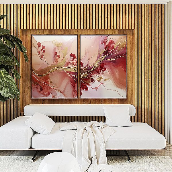 Duo de Quadros Flores Abstratas Delicadas Rosa Vermelho Dourado Canvas Moldura