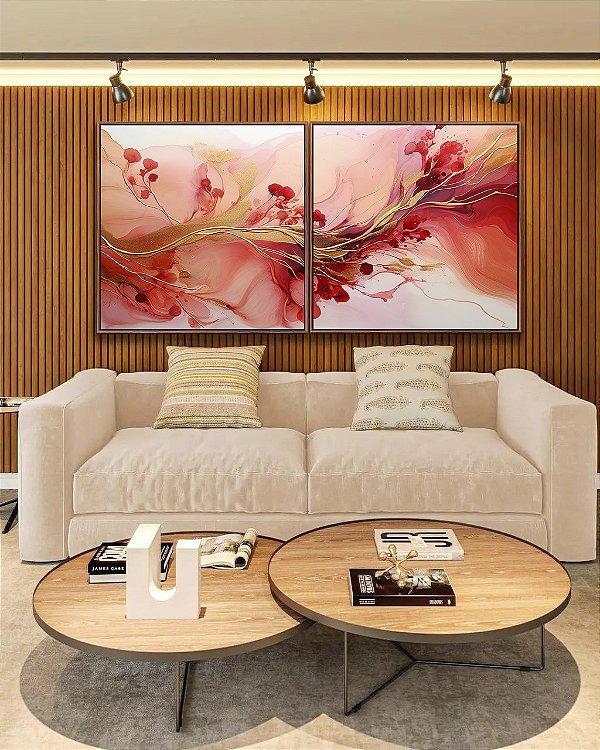 Duo de Quadros Quadrados Flores Abstratas Delicadas Rosa Vermelho Dourado Canvas Moldura