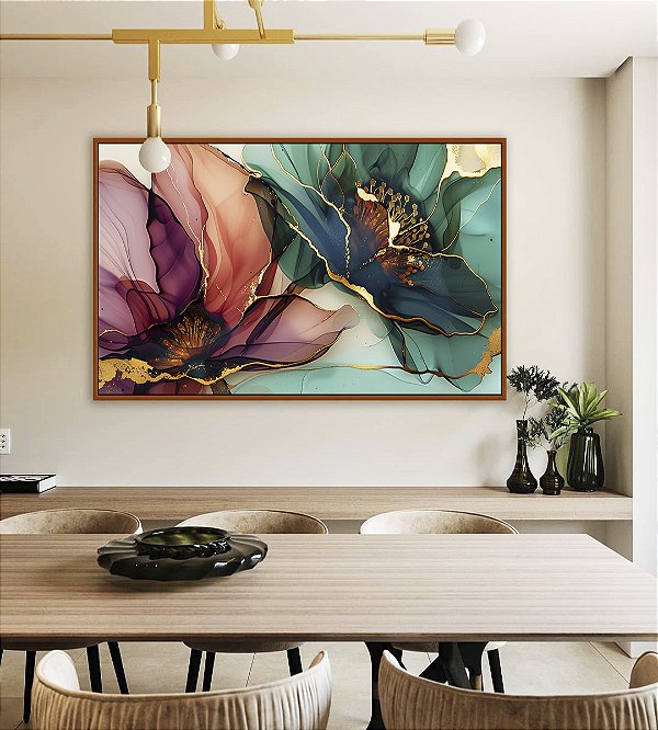 Quadro Horizontal Flores Delicadas Abstratas Rosa Verde Dourado Canvas Moldura