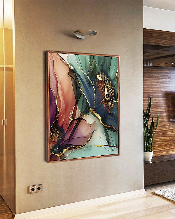 Quadro Vertical Flores Delicadas Abstratas Rosa Verde Dourado Canvas Moldura