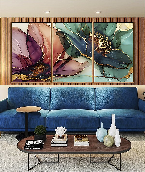 Trio de Quadros Flores Delicadas Abstratas Rosa Verde Dourado Canvas Moldura