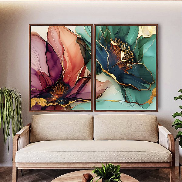Duo de Quadros Flores Delicadas Abstratas Rosa Verde Dourado Canvas Moldura