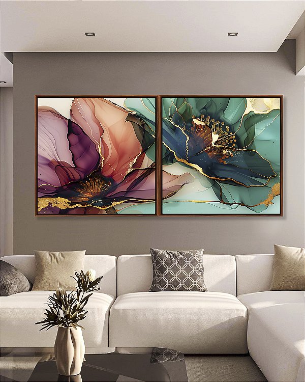 Duo de Quadros Quadrados Flores Delicadas Abstratas Rosa Verde Dourado Canvas Moldura