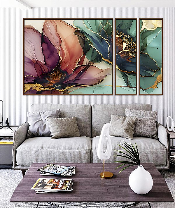 Trio de Quadros Estilizados Flores Delicadas Abstratas Rosa Verde Dourado Canvas Moldura