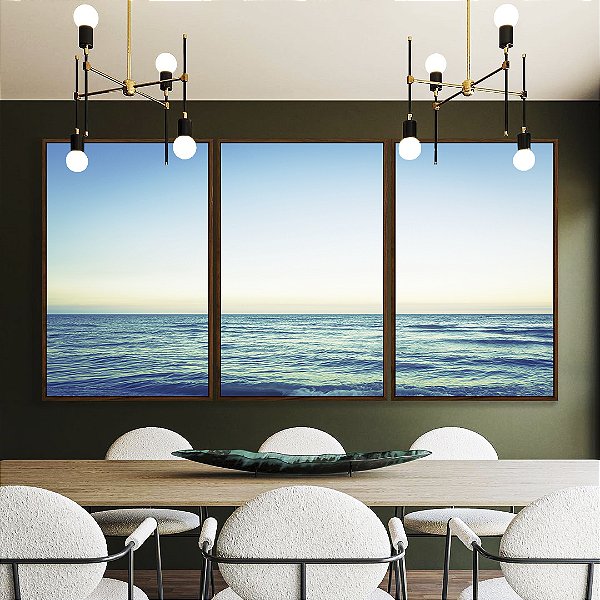 Trio de Quadros Mar Azul Turquesa Calmo Céu Claro Canvas Moldura