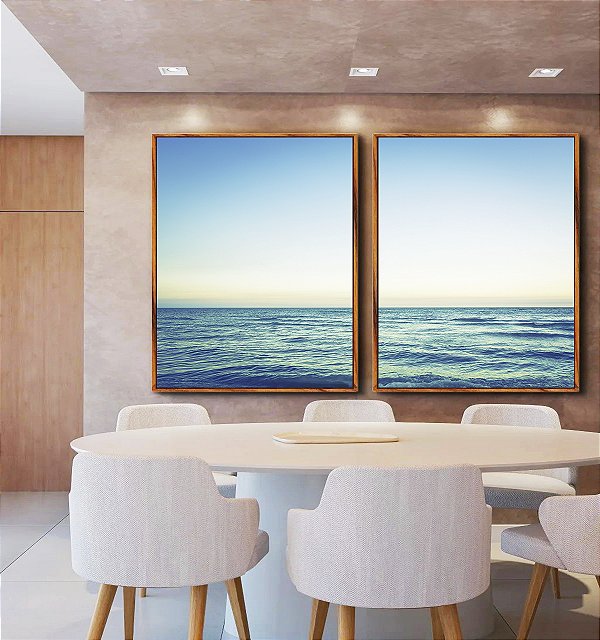 Duo de Quadros Mar Azul Turquesa Calmo Céu Claro Canvas Moldura
