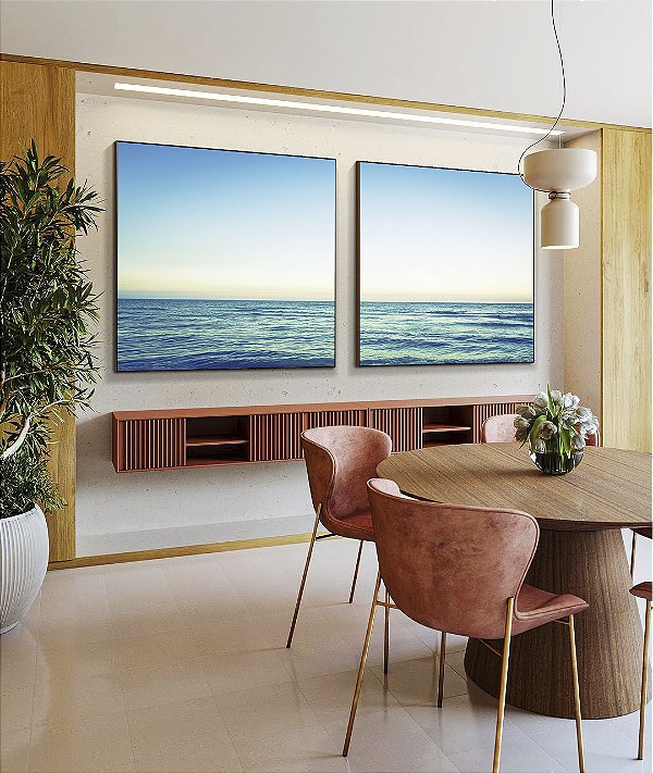 Duo de Quadros Quadrados Mar Azul Turquesa Calmo Céu Claro Canvas Moldura