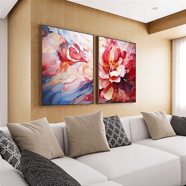 Duo de Quadros Flores Lindas Rosas Vermelhas Natureza Canvas Moldura