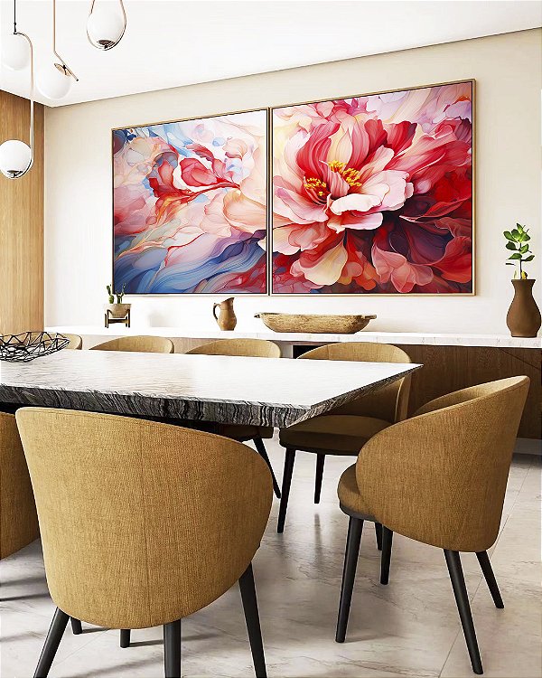 Duo de Quadros Quadrados Flores Lindas Rosas Vermelhas Natureza Canvas Moldura