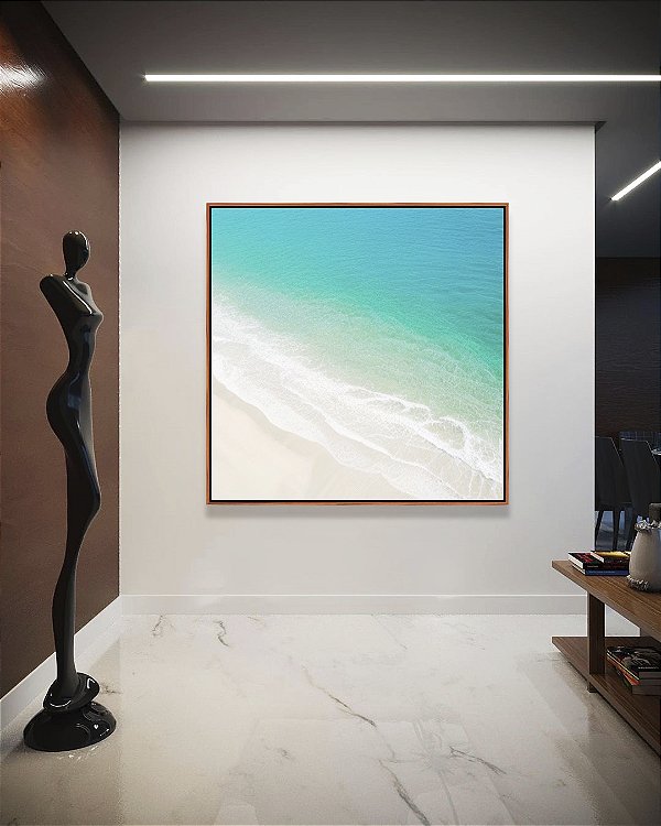 Quadro Quadrado Mar Turquesa Praia Areia Branca Canvas Moldura