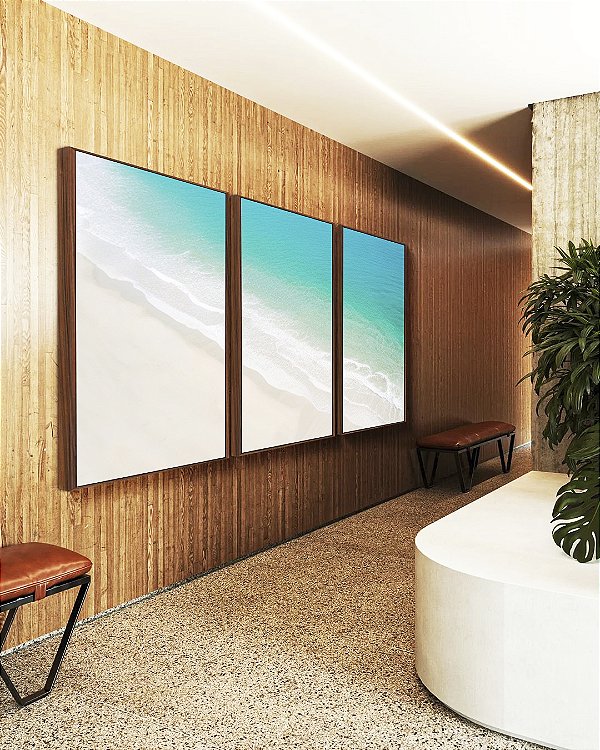 Trio de Quadros Mar Turquesa Praia Areia Branca Canvas Moldura