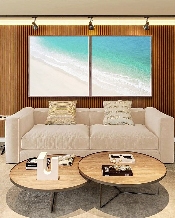 Duo de Quadros Quadrados Mar Turquesa Praia Areia Branca Canvas Moldura
