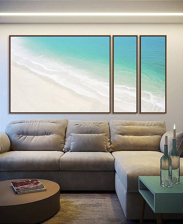 Trio de Quadros Estilizados Mar Turquesa Praia Areia Branca Canvas Moldura