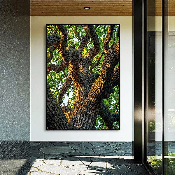Quadro Vertical Árvore Tronco Galhos Folhas Verdes Natureza Canvas Moldura