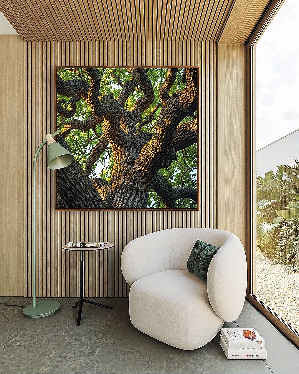 Quadro Quadrado Árvore Tronco Galhos Folhas Verdes Natureza Canvas Moldura