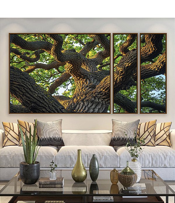 Trio de Quadros Estilizados Árvore Tronco Galhos Folhas Verdes Natureza Canvas Moldura