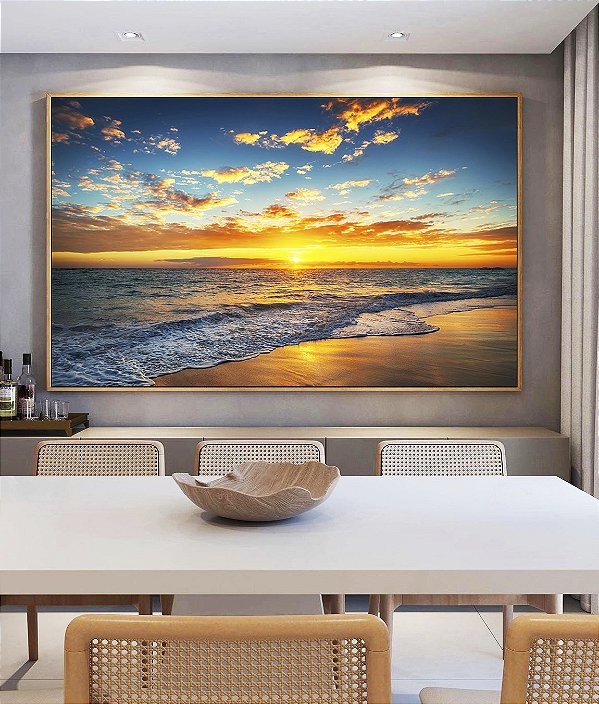 Quadro Horizontal Pôr do Sol Dourado Praia Mar Calmo Canvas Moldura
