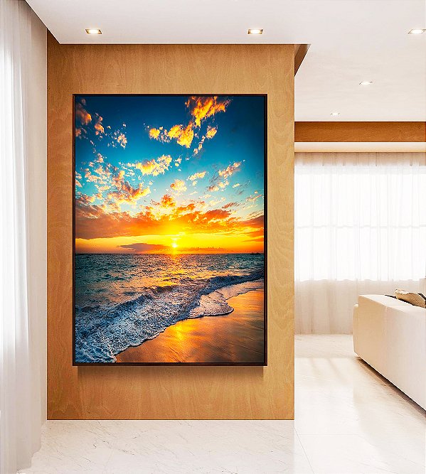 Quadro Vertical Pôr do Sol Dourado Praia Mar Calmo Canvas Moldura