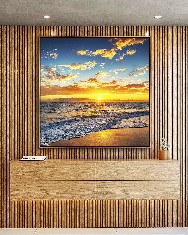 Quadro Quadrado Pôr do Sol Dourado Praia Mar Calmo Canvas Moldura