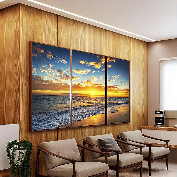 Trio de Quadros Pôr do Sol Dourado Praia Mar Calmo Canvas Moldura